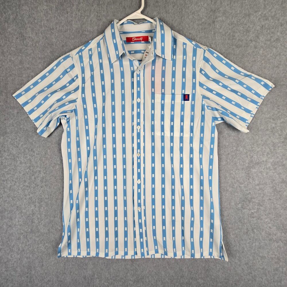 NWT Shinesty Michelob Shirt Size Medium White Blue Button Down Short Sleeve